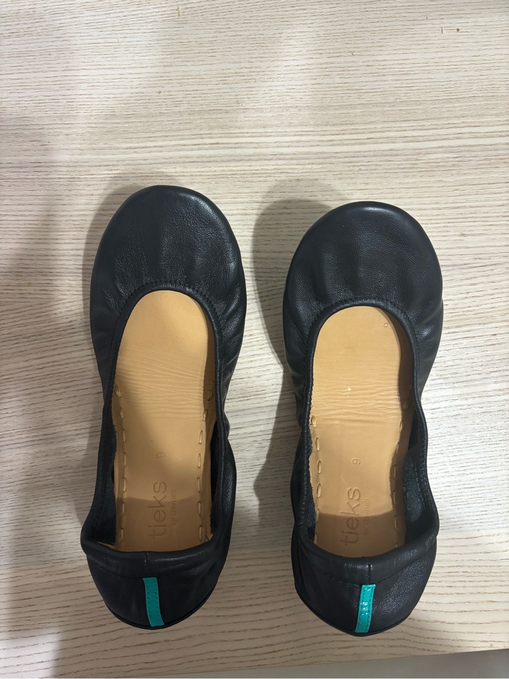 Tieks Black Leather Ballet Flats with Teal Heel Tab